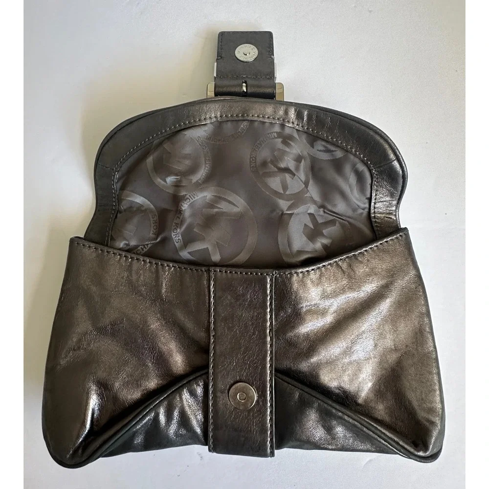 Y2K Michael Kors Heidi Clutch Metallic Pewter Leather Buckle Evening Bag NEW